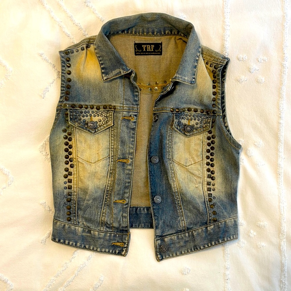 Cropped denim studded vest